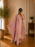 Blush Pink Crusted Tissue Embellished Kurta Set with Dupatta