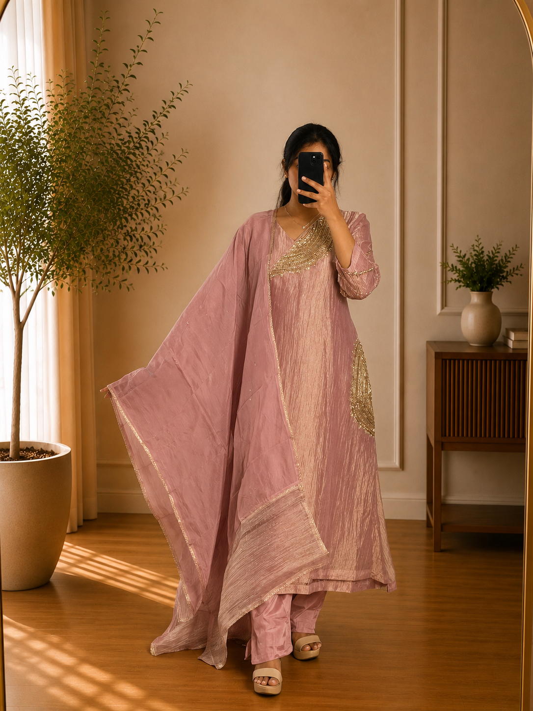 Blush Pink Crusted Tissue Embellished Kurta Set with Dupatta