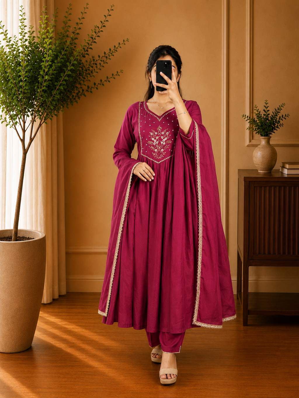 Magenta Pink Mul Chanderi Floral Thread Embroidered Anarkali Suit Set