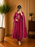 Magenta Pink Mul Chanderi Floral Thread Embroidered Anarkali Suit Set