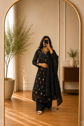 Black Floral Embroidered Chinnon Suit Set with Tassel Dupatta