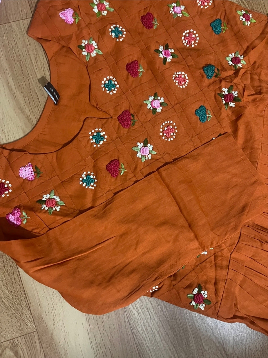 Rust Orange cotton  Gown with Intricate Floral Embroidered Yoke & Appliqué Details