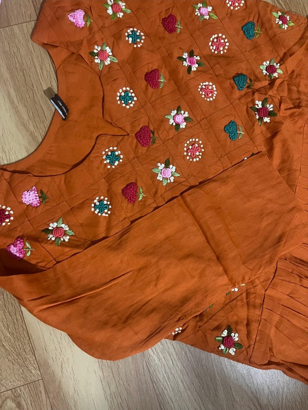 Rust Orange cotton  Gown with Intricate Floral Embroidered Yoke & Appliqué Details
