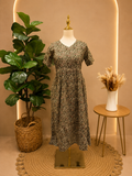 Vintage Olive Floral Printed Cotton Midi Dress 🌿✨