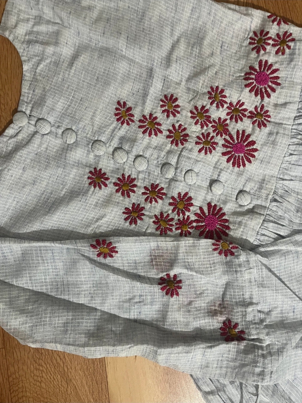 White & Blue Checked Kota Floral Embroidered Frock