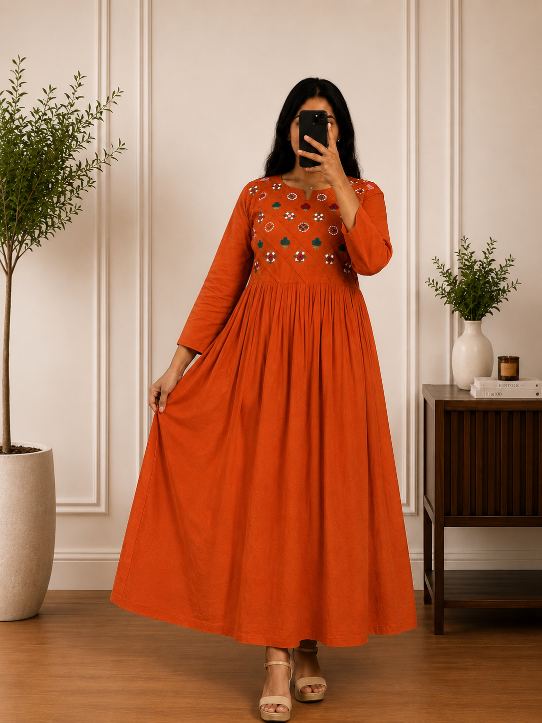 Rust Orange cotton  Gown with Intricate Floral Embroidered Yoke & Appliqué Details