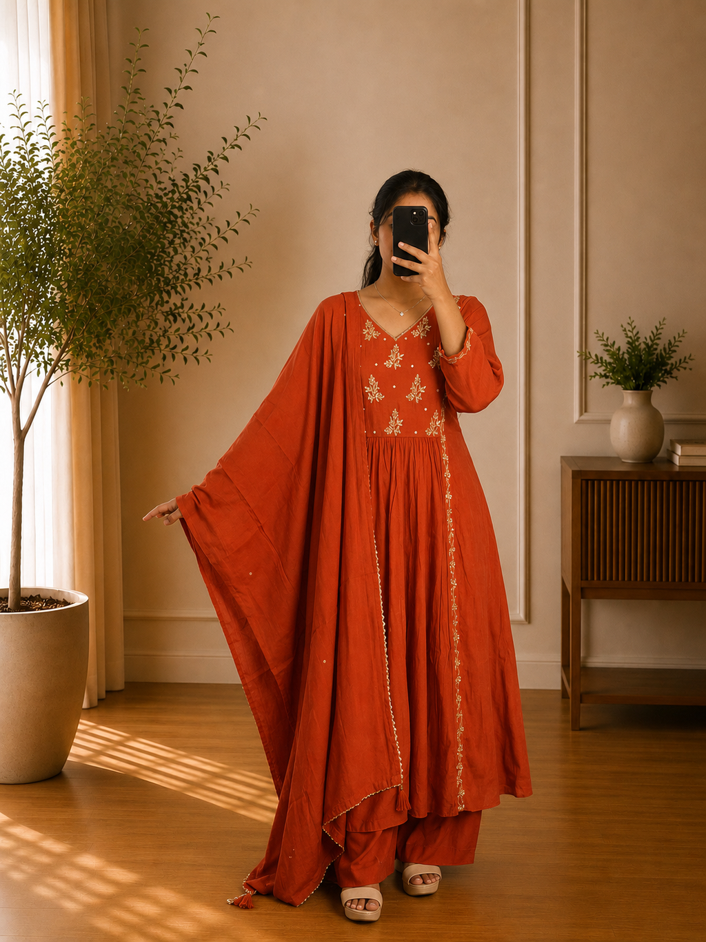 Rust Orange Antique Gold Floral Embroidered Mul Chandheri  Suit Set
