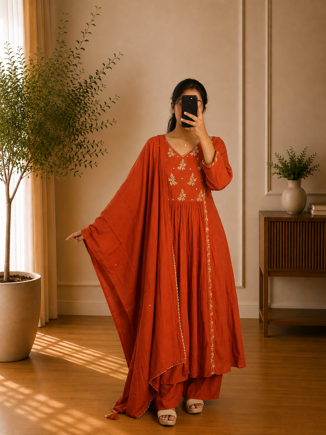 Rust Orange Antique Gold Floral Embroidered Mul Chandheri  Suit Set