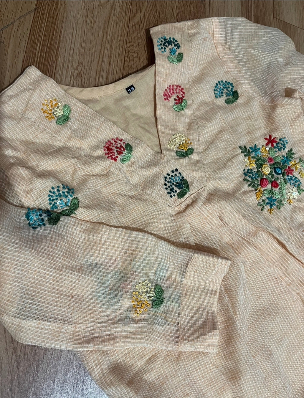 Sage Orange  Kota Floral Thread Embroidered frock