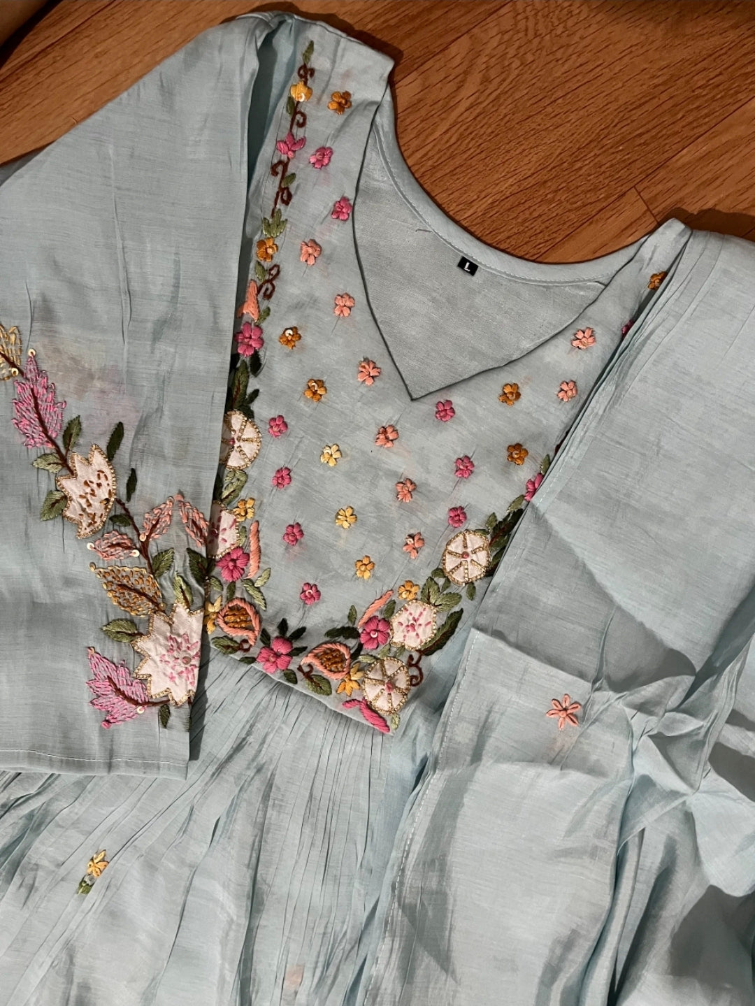 Sky Blue Floral Thread Embroidered Mul Chandheri  Suit Set