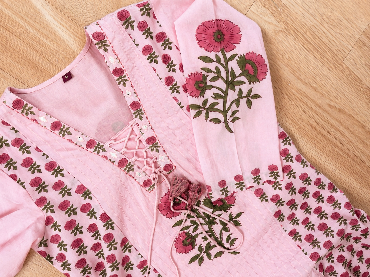 Baby Pink Cotton Floral Hand Block Printed Straight Suit Set