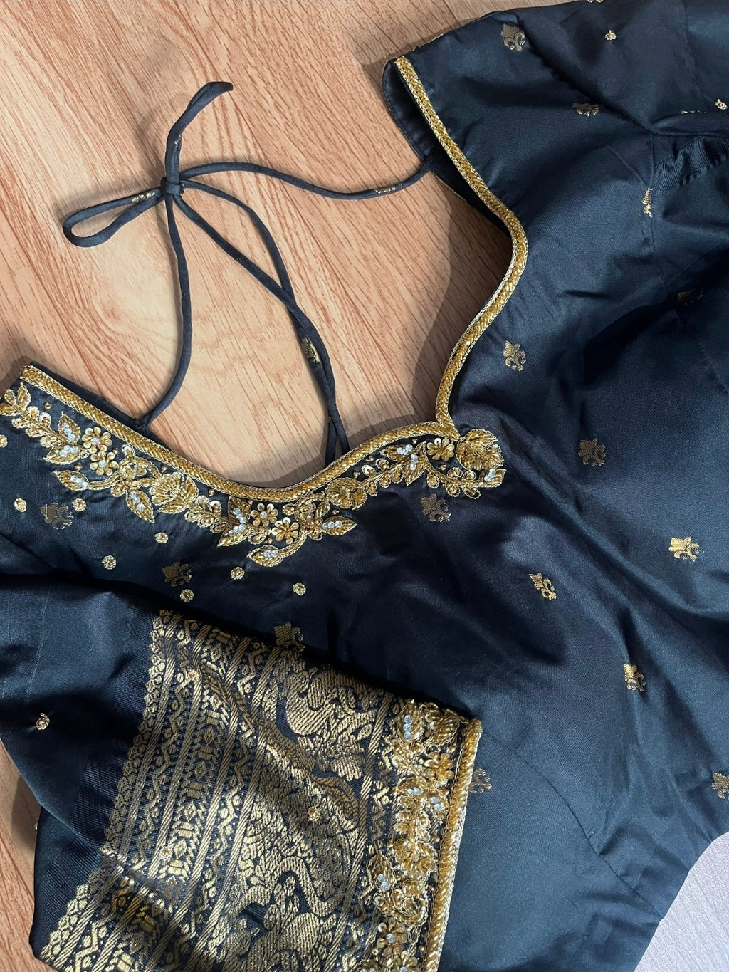 Gadwal Black & Blue Half Saree with Gold Zari Border & Maggam Work Stitched Blouse