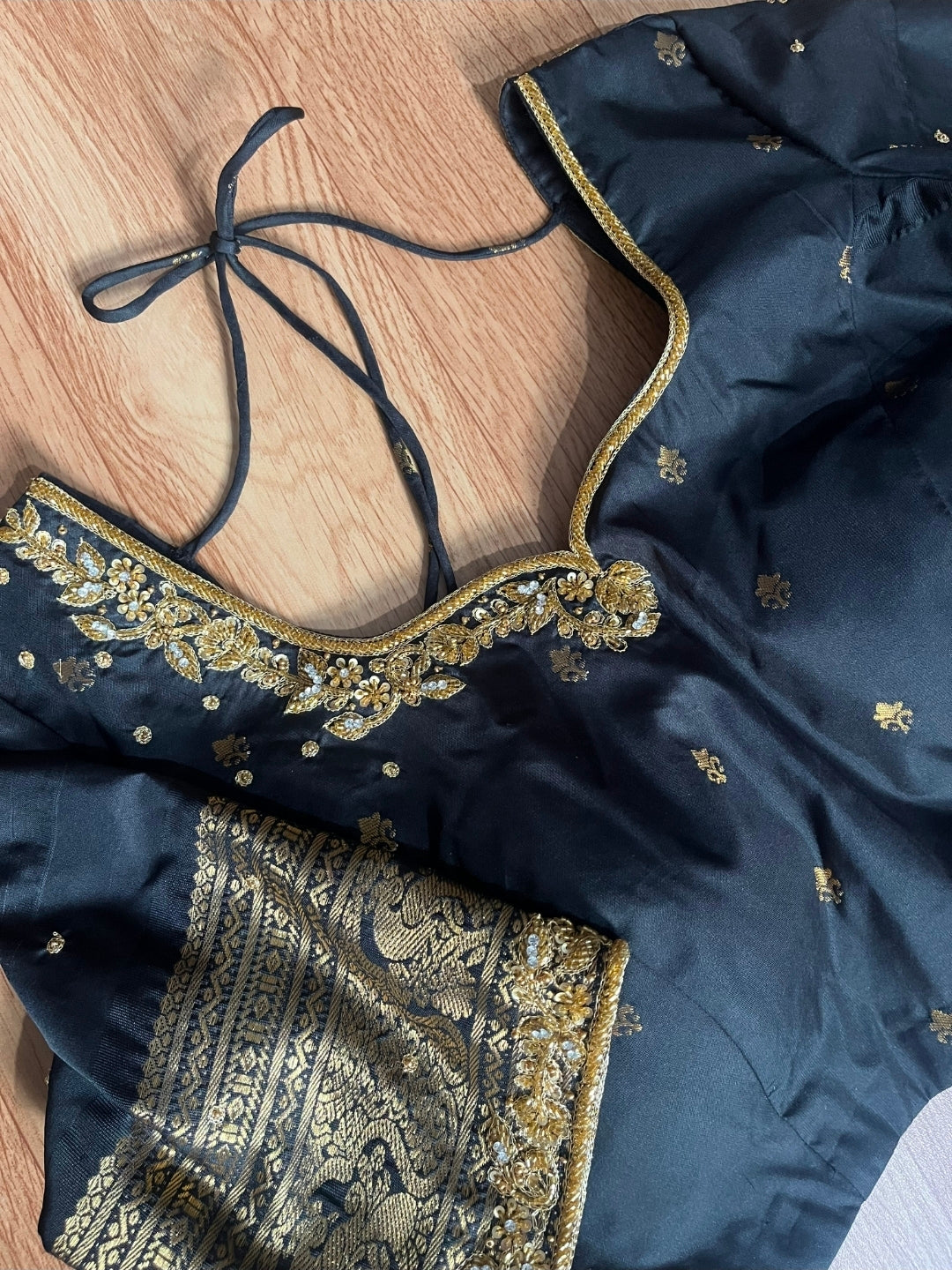 Gadwal Black & Blue Half Saree with Gold Zari Border & Maggam Work Stitched Blouse