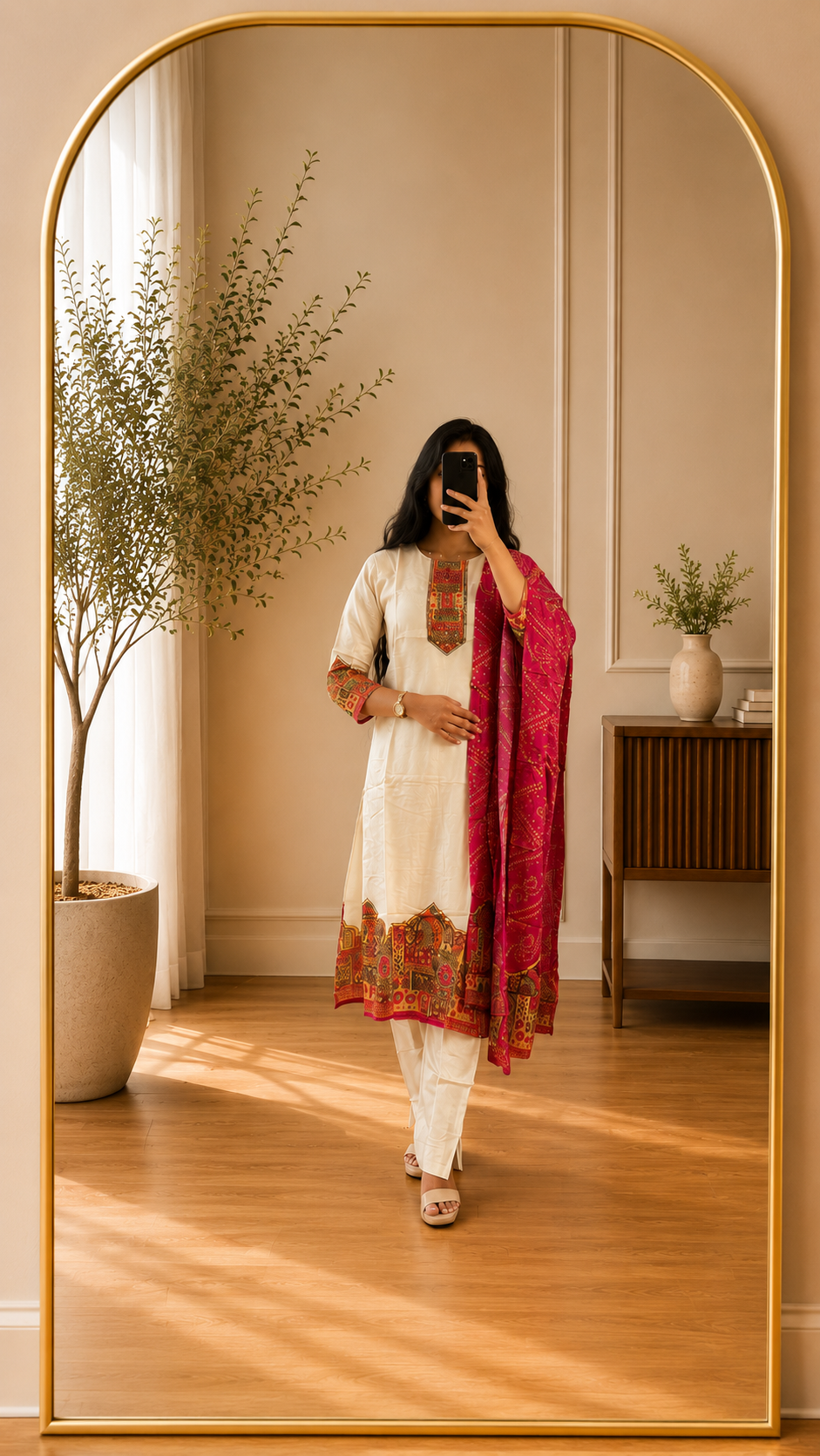 Ivory Heritage Print Chandari Straight Suit Set with Pink Bandhani Dupatta