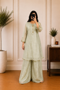 Sage Grey Tissue  & Sequin Embellished Kurta Palazzo Set