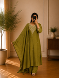 Olive Green Floral Thread Embroidered HO Silk Suit Set
