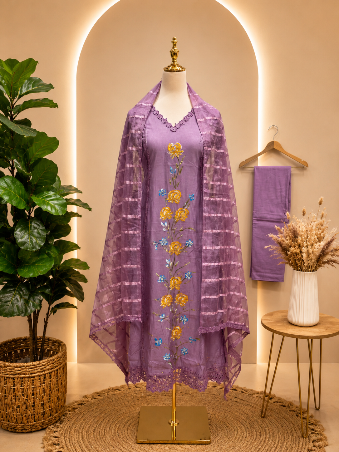 Lavender Bloom Embroidered Cotton Suit Set with Organza Dupatta 💜🌸
