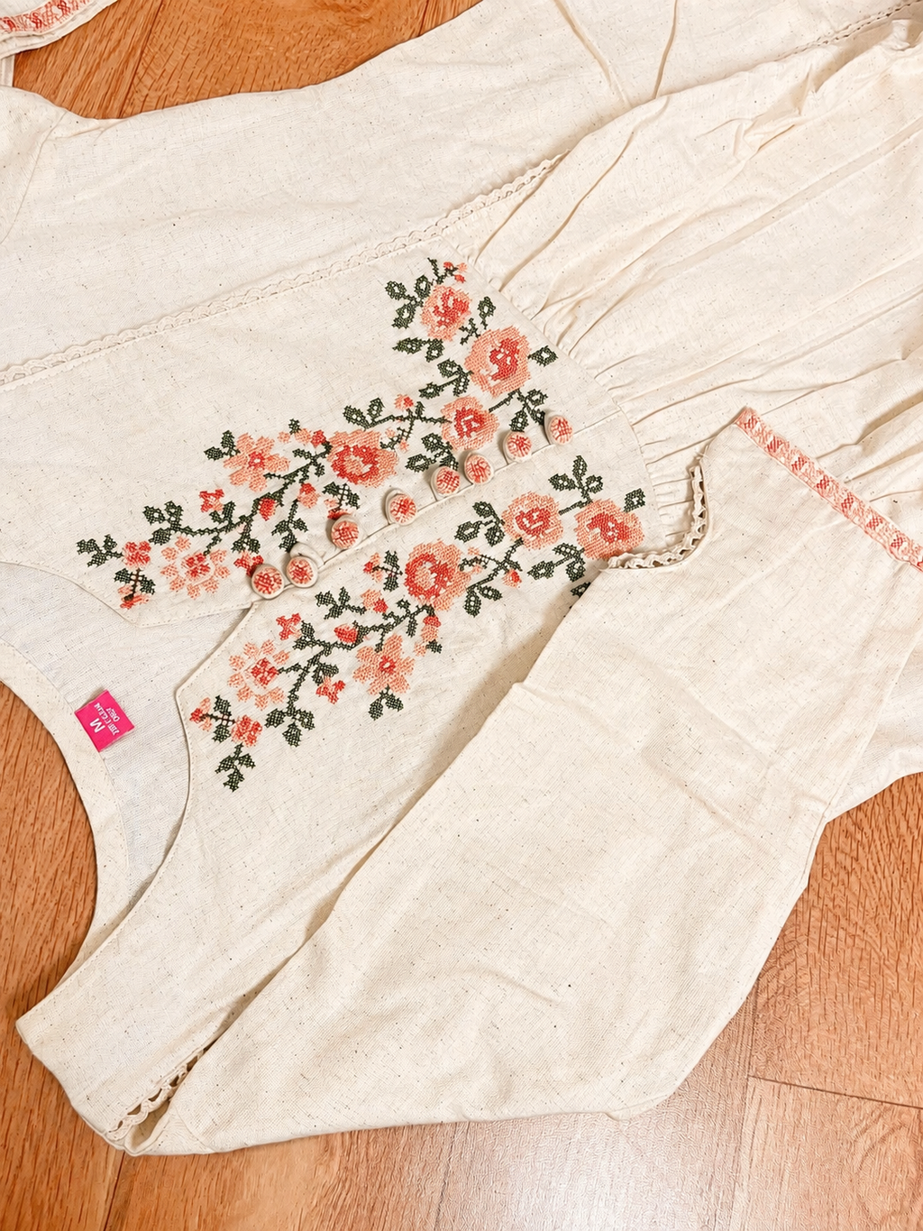 Ivory White Cotton Peach Floral Thread Embroidered A-Line Suit Set