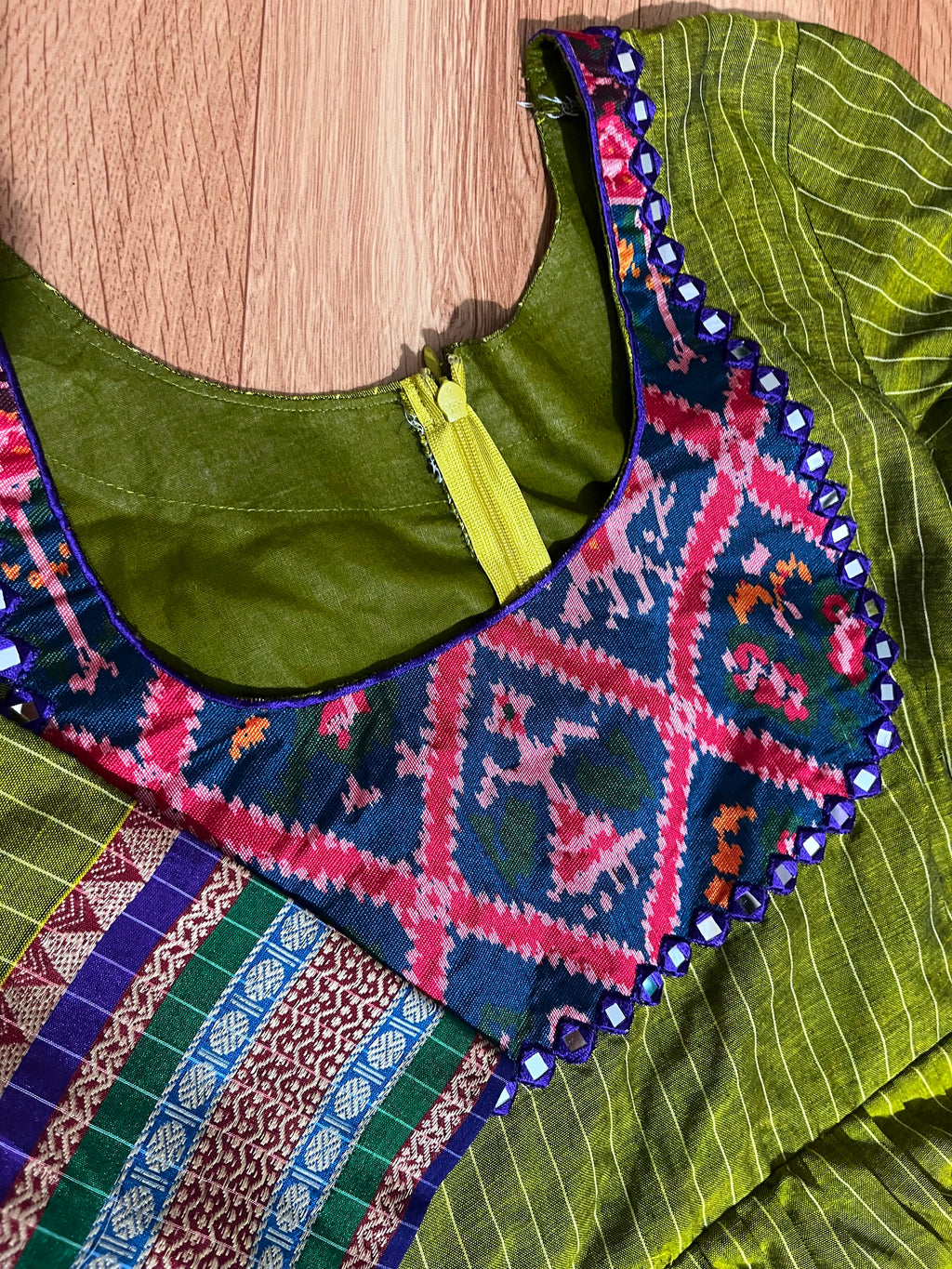 Olive Green Cotton Frock with Printed Yoke & Border Detail