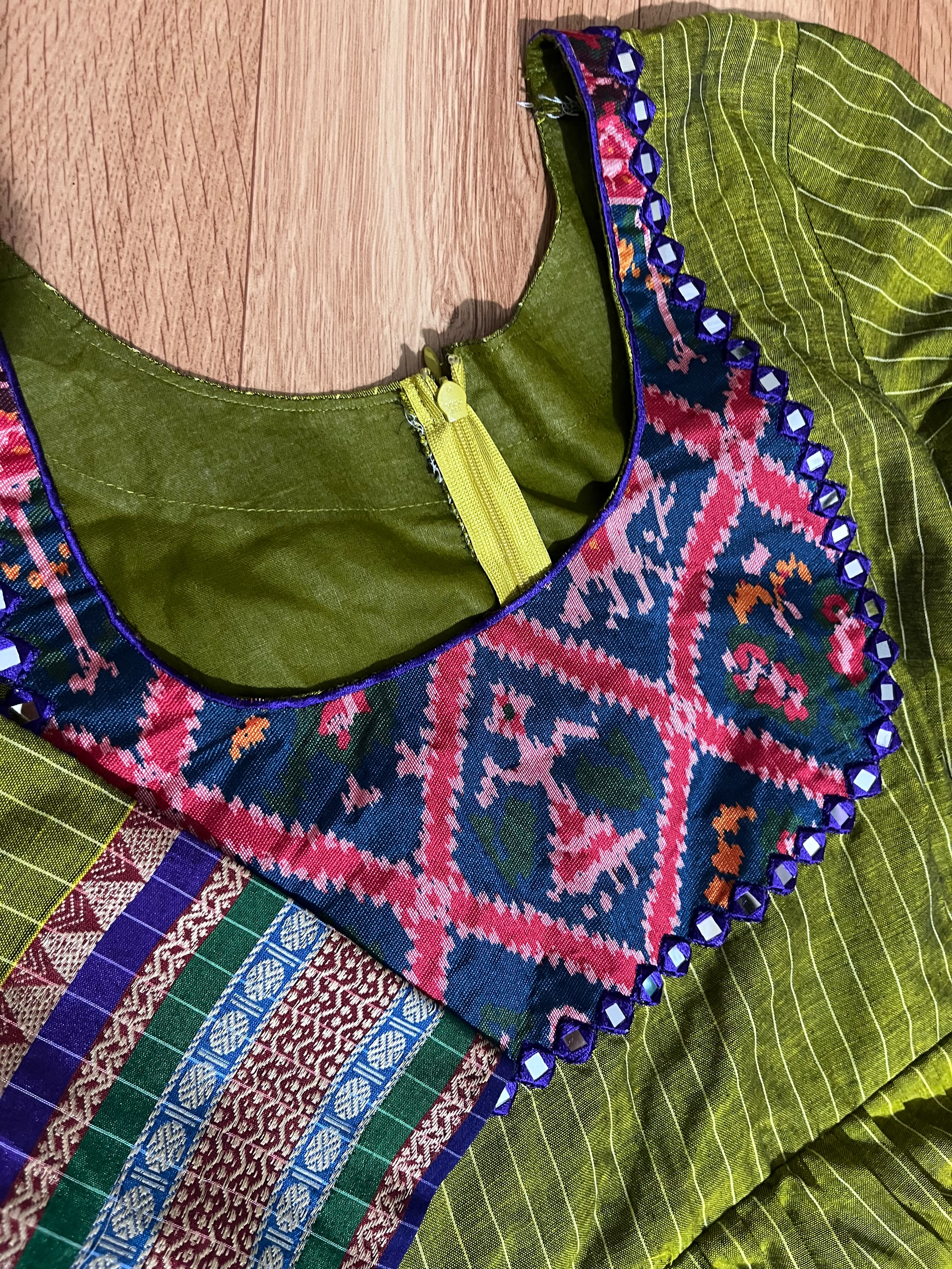 Olive Green Cotton Frock with Printed Yoke & Border Detail