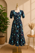 Vintage Floral Puff Sleeve Midi Dress in Navy Blue ✨🌼