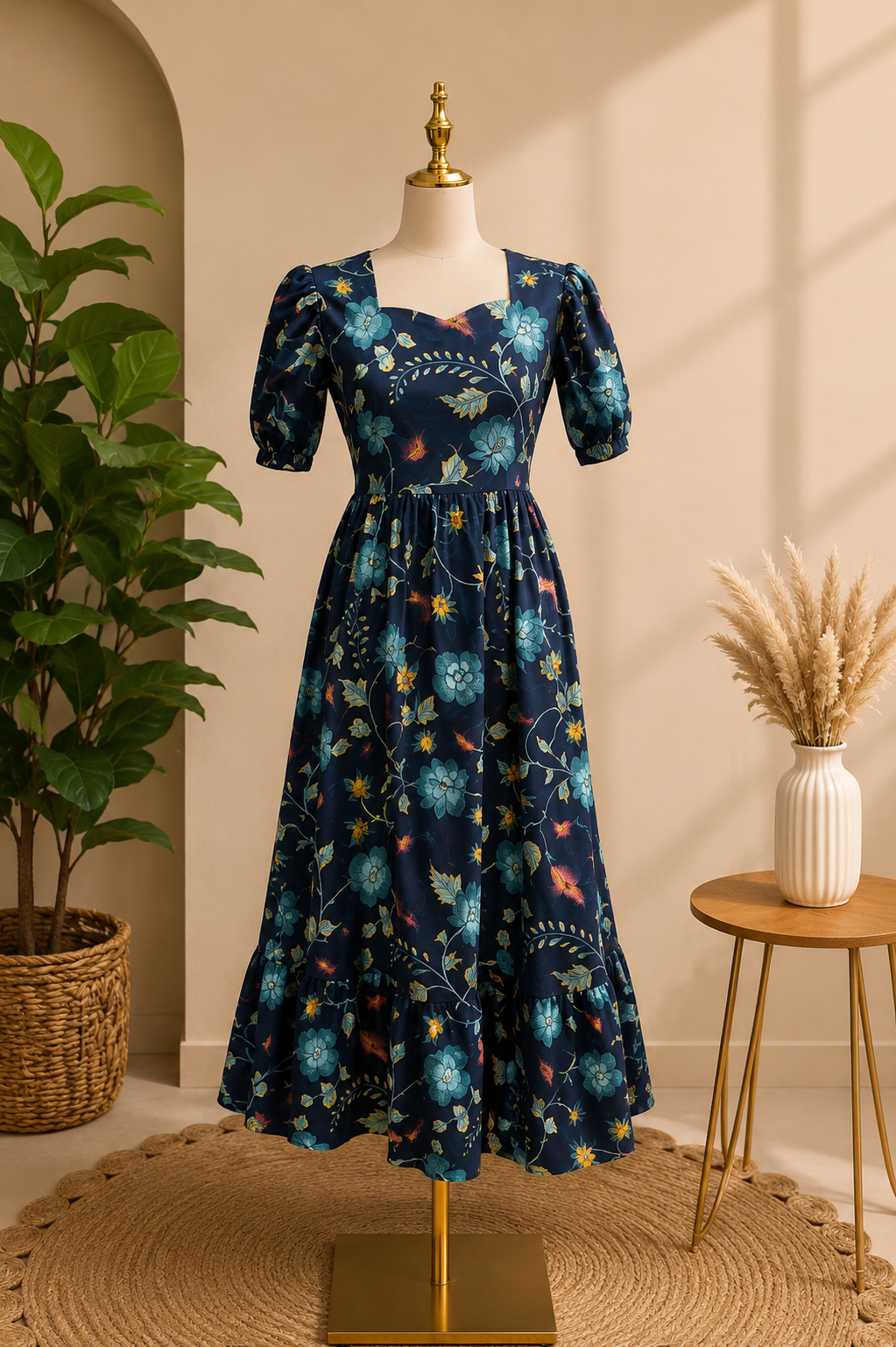 Vintage Floral Puff Sleeve Midi Dress in Navy Blue ✨🌼