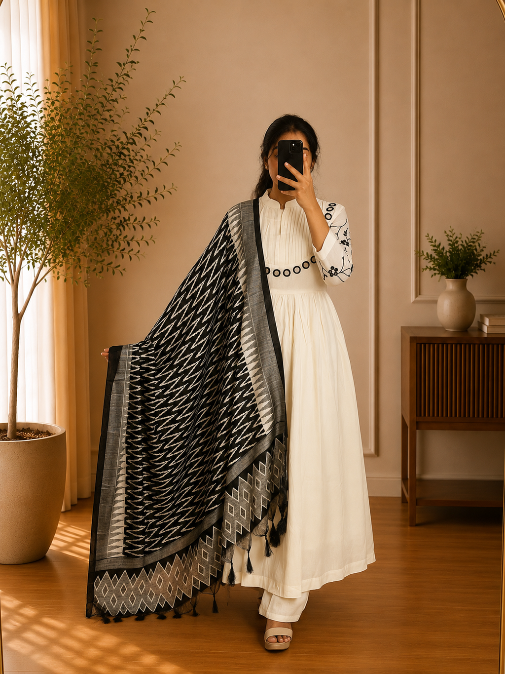 White Mirror Work Cotton Anarkali Suit Set with Black Ikkat Printed Dupatta