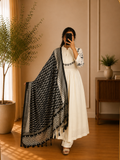 White Mirror Work Cotton Anarkali Suit Set with Black Ikkat Printed Dupatta