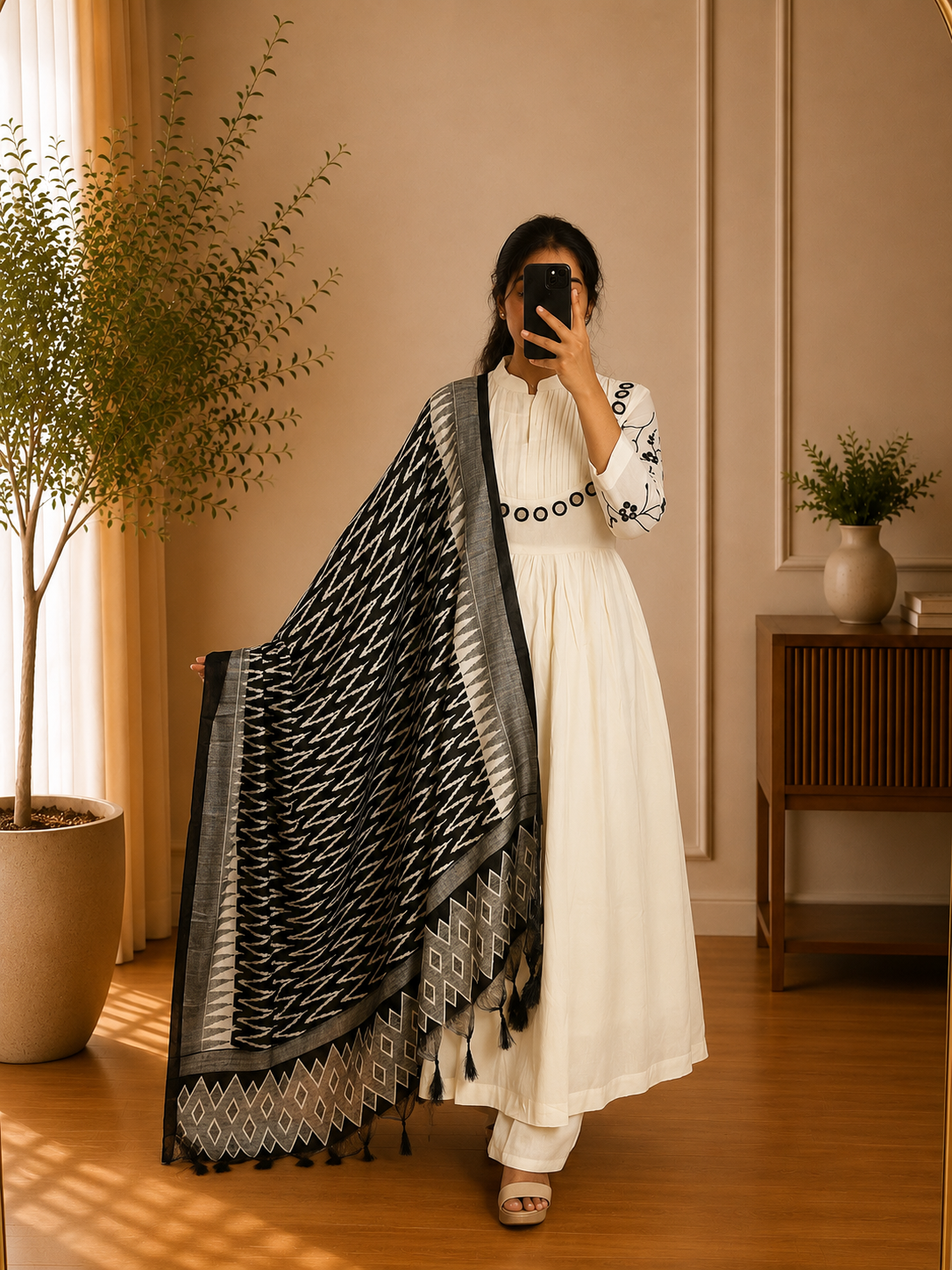 White Mirror Work Cotton Anarkali Suit Set with Black Ikkat Printed Dupatta