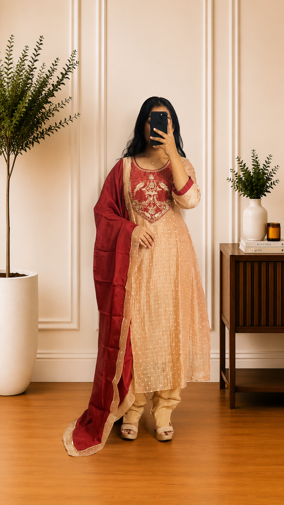 Royal Red Shimmer Bird Motif Zari Embroidered Straight Suit Set