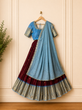 Gadwal Sky Blue & Maroon Half Saree with Maggam Work Stitched Blouse