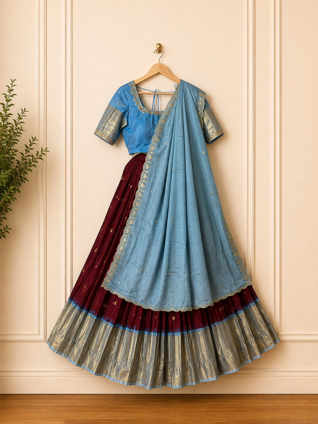 Gadwal Sky Blue & Maroon Half Saree with Maggam Work Stitched Blouse