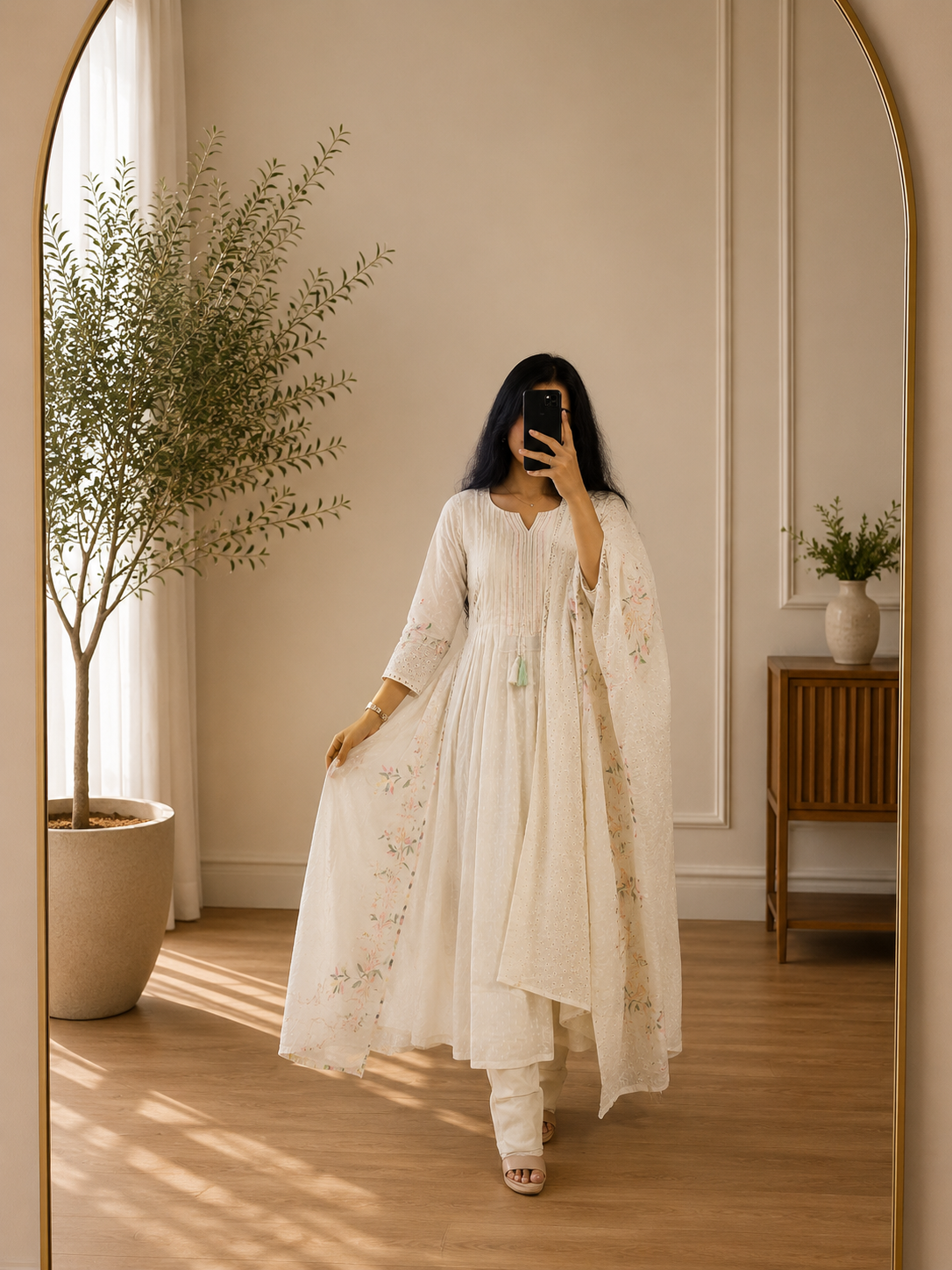 Ivory Chicken Kari Work Cotton Anarkali Suit Set with Pastel Floral Dupatta