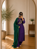 Royal Purple Peacock kardana  Embroidered Mul Chandheri Suit Set
