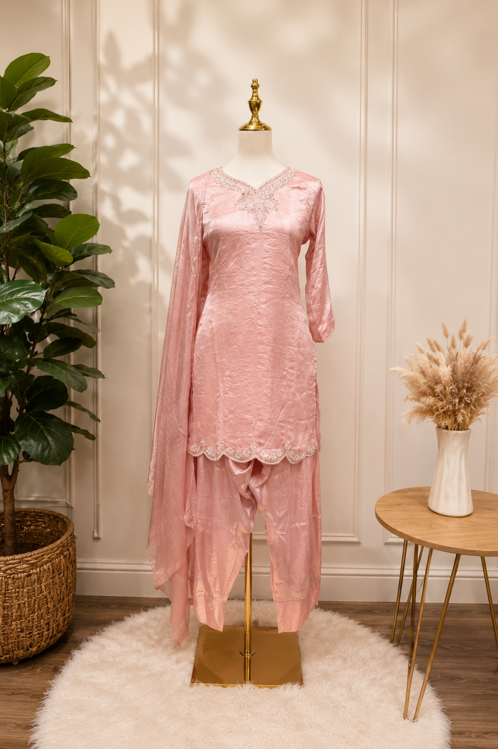 Soft Pink Shimmer Kurta & Dhoti Pant Set with Dupatta ✨