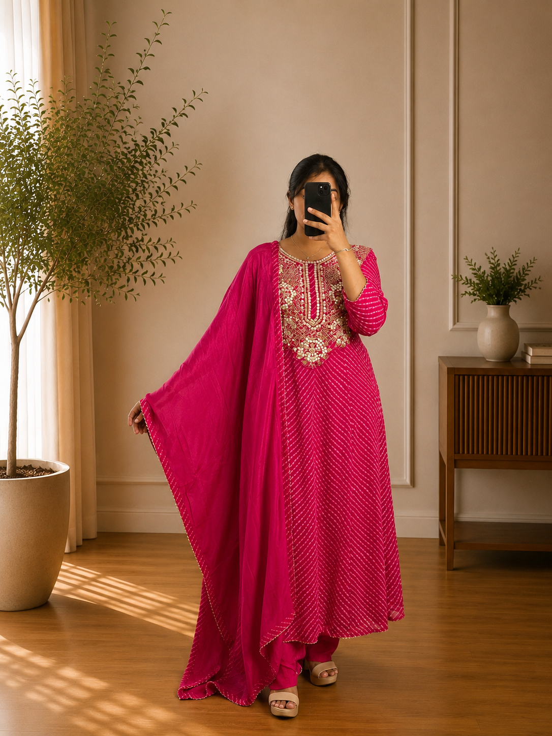 Rani Pink Bandhani Gota Patti Embroidered Anarkali Suit Set