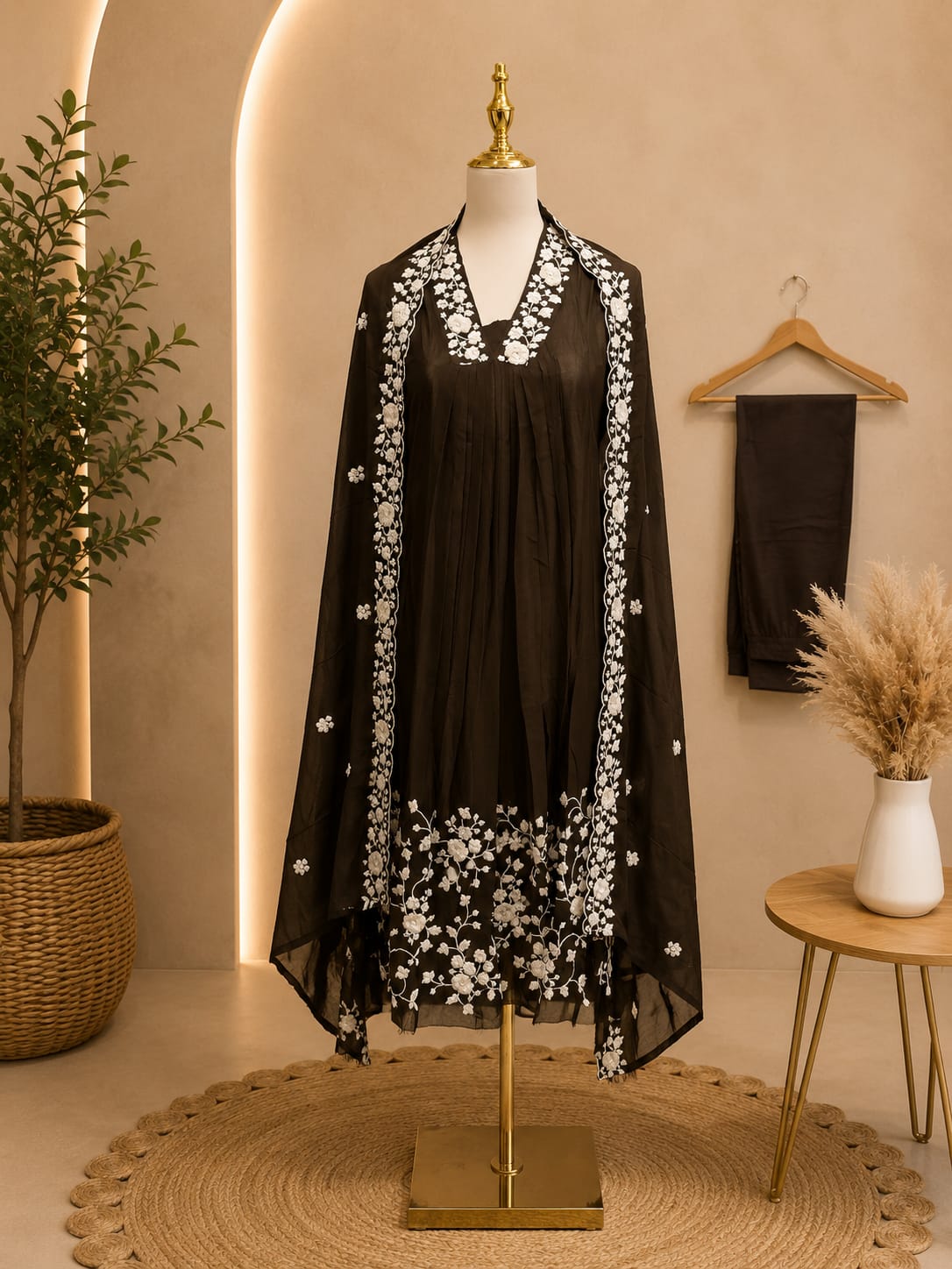 Black Blossom Embroidered Three-Piece Suit Set