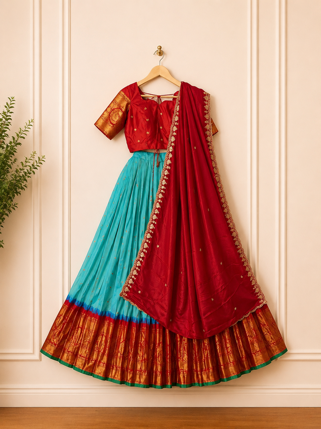 Gadwal Turquoise Blue & Red Half Saree with Stitched Blouse