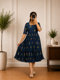 Boutique Stitched Navy Blue Floral Embroidered Iron Pleated Mul Chanderi Frock