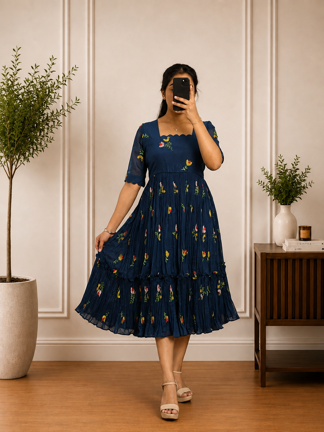 Boutique Stitched Navy Blue Floral Embroidered Iron Pleated Mul Chanderi Frock