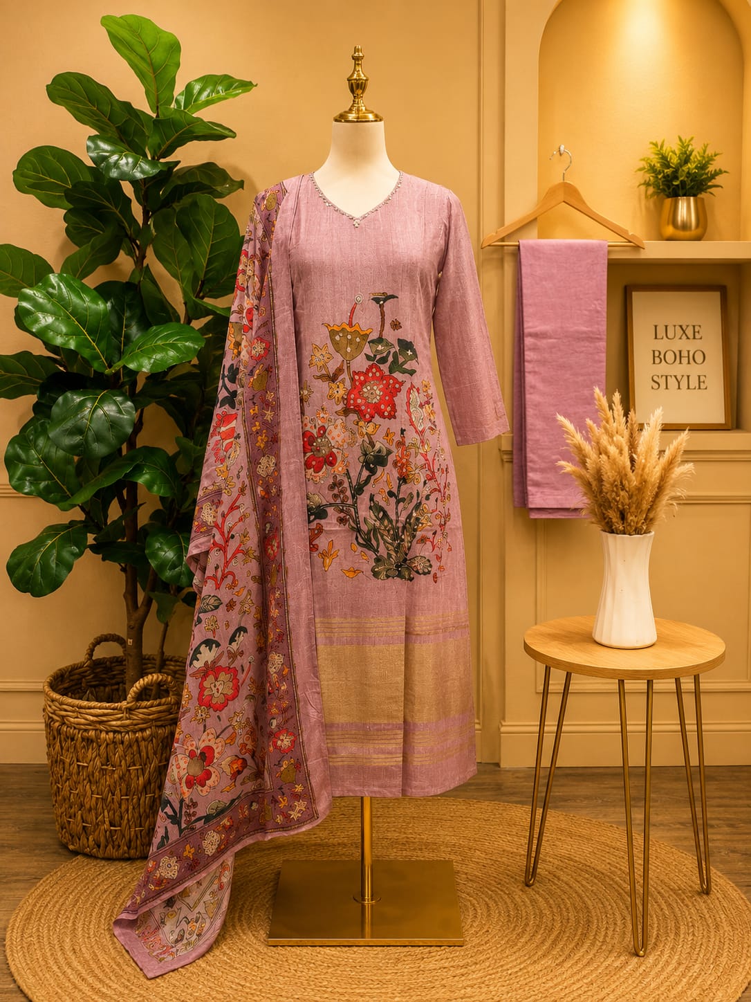 Dusty Rose Dola Silk Floral Art Suit Set with Printed Dupatta 🌸