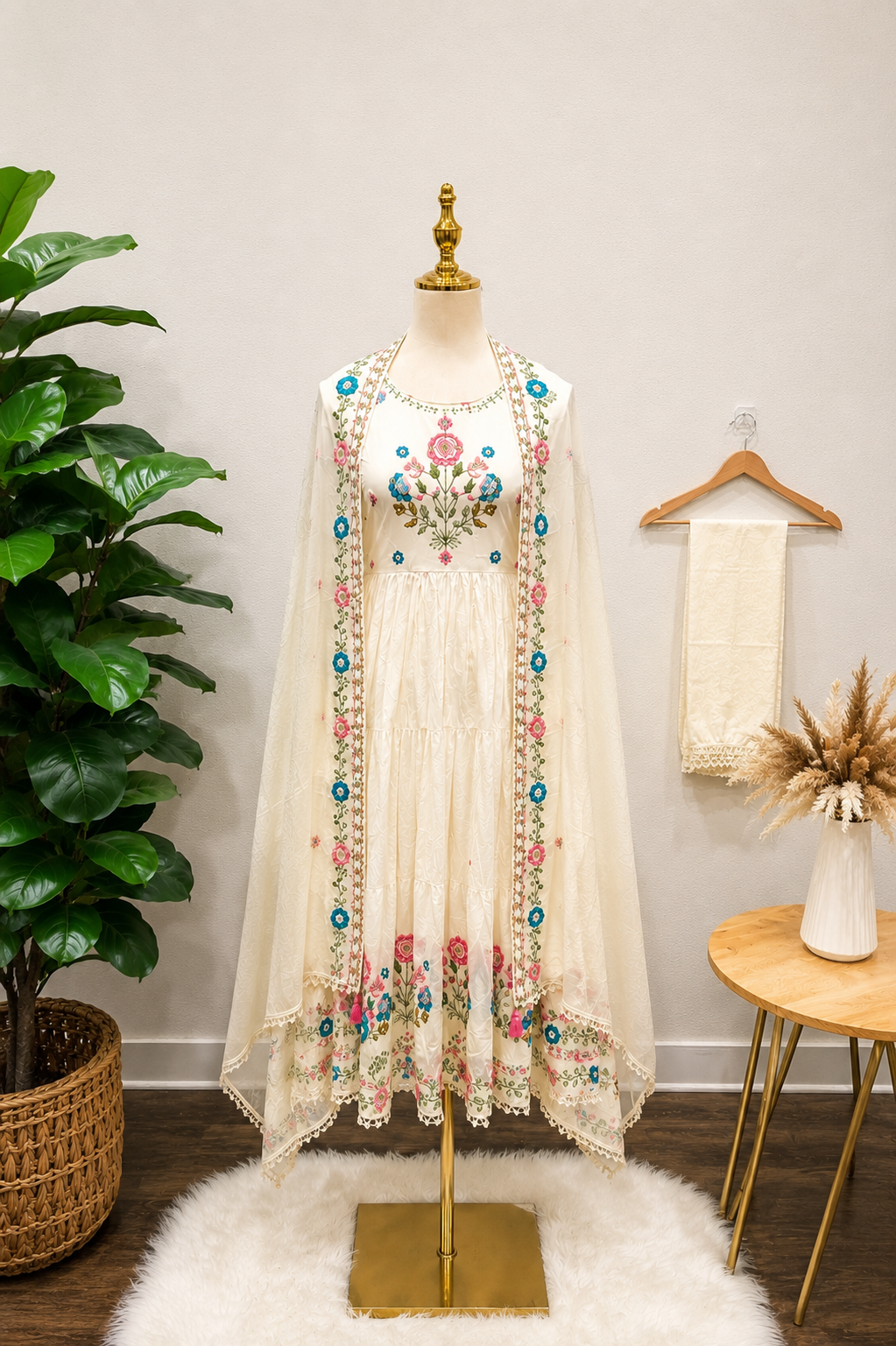 Pearl White Floral Embroidered Anarkali Dress Set ✨